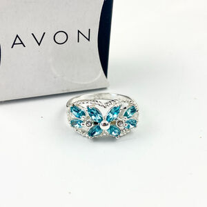 Vintage Women's Avon Silver Aqua Alsace Flowers Ring. Size 10